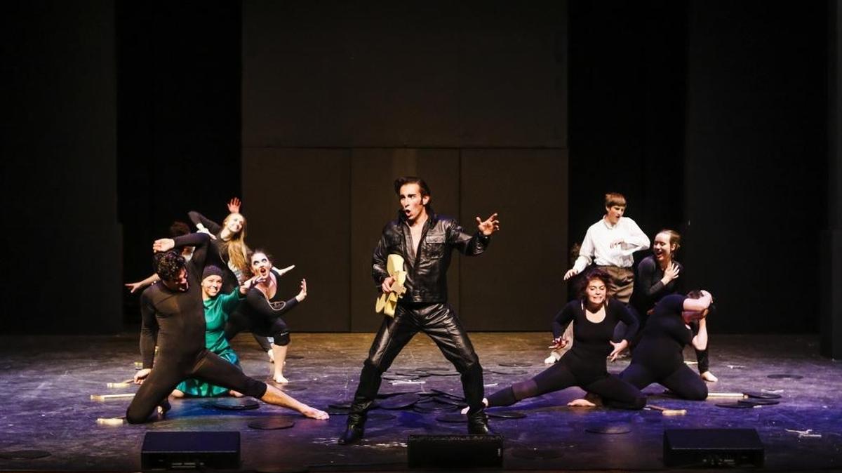 Tony Costa, center, as Elvis and the cast of Cuesta College’s upcoming production of "Refried Elvis” run through a scene during a recent dress rehearsal.