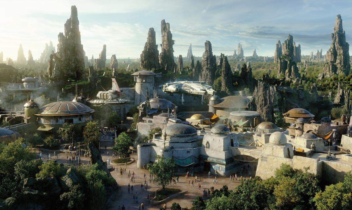 An artist’s rendering shows Star Wars: Galaxy’s Edge, which opens May 31, 2019, at Disneyland Park in Anaheim, California, and Aug. 29, 2019, at Disney’s Hollywood Studios in Lake Buena Vista, Florida.