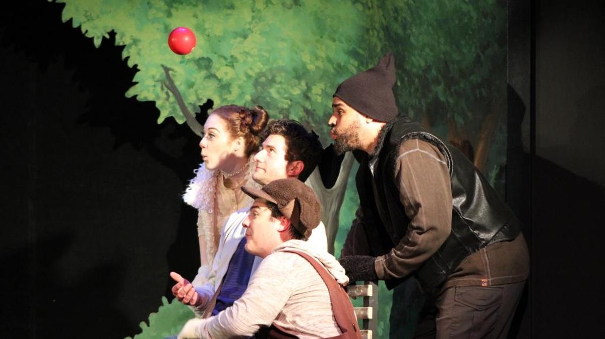 Little Dog (Mia Mekjian), Jack (Tim Stewart) and Big Dog (Philip Bolton) perk up as Joel (Jeff Salsbury) tosses a ball in “A Dog’s Life,” playing at the Great American Melodrama and Vaudeville in Oceano.
