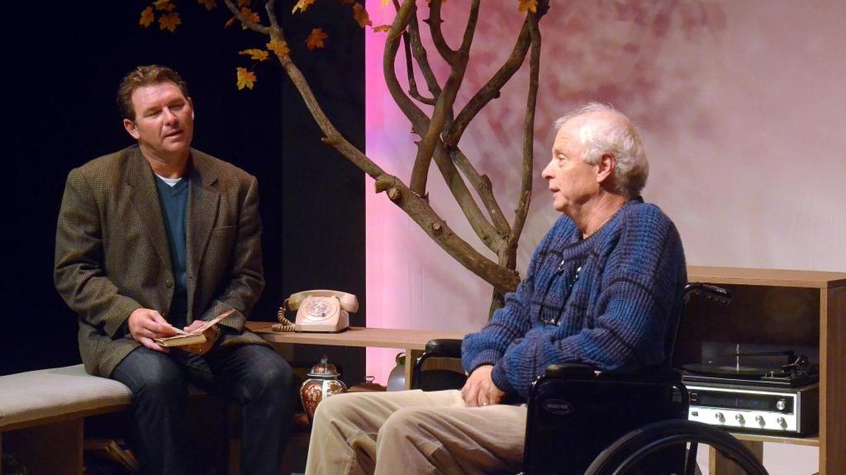 Sports writer Mitch Albom (Bobby Kendrick) reconnects with his former college professor, Morrie Schwartz (Tom Ammon), in “Tuesdays with Morrie,” playing at San Luis Obispo Little Theatre.