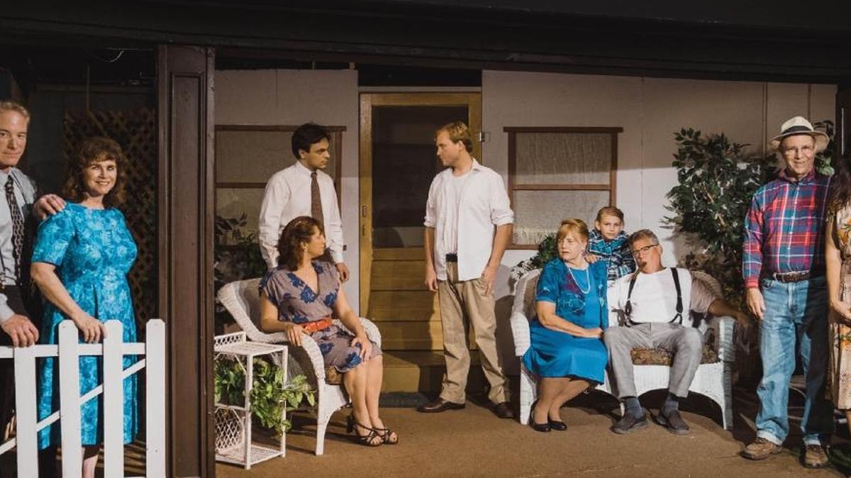 From left, Tim Linzey, Joyce Calderone, Micah Anthes, Libby Parker, Justin Wessel, Janice Peters, Gabriel Ortiz, Tracy Mayfield, Randall Lyon and Rayna Ortiz appear in “All My Sons.”