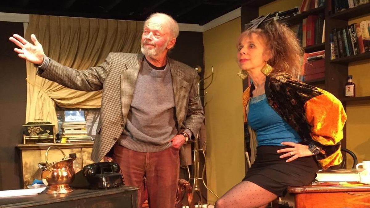 University professor Frank (Gene Strohl) tutors hairdresser Rita (Toni Young) in “Educating Rita,” playing at the Pewter Plough Playhouse in Cambria.