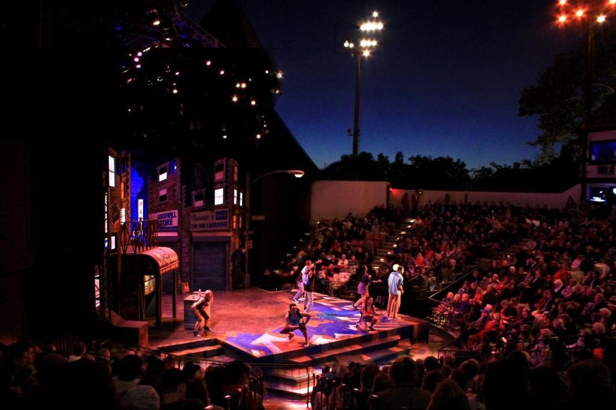 Audience members watch a PCPA-Pacific Conservatory Theatre production of “In the Heights” at Solvang Festival Theater in 2016. The theater company presents two productions at the outdoor venue in 2021.