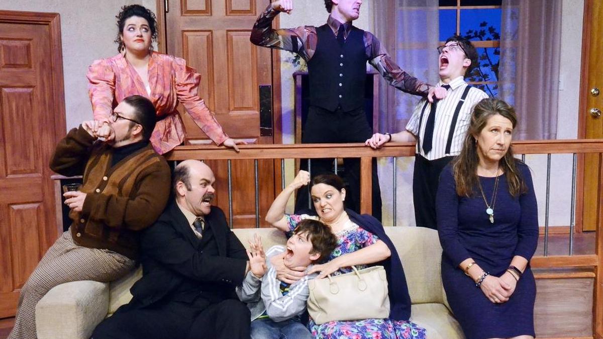 The cast of “The Nerd,” playing at San Luis Obispo Little Theatre, is, back row, Tansy (Kerry DiMaggio), Willum (Mike Fiore) and Rick (Cameron Parker), and front row, Axel (Zach Johnson), Waldgrave (Casey Kooyman), Thor (Dominick Harris) and Clelia (Jacqueline Hildebrand). Director Suzy Newman is seated on the sofa on the right.