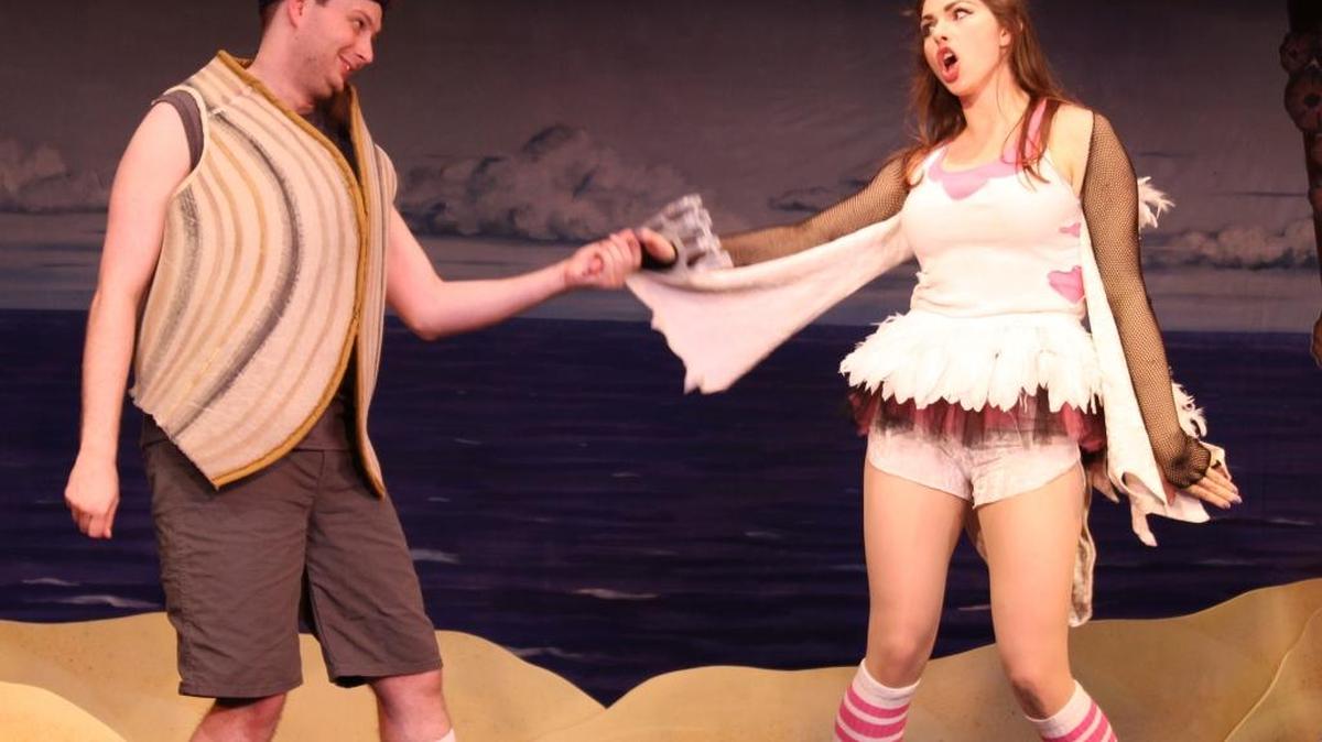 Bivalve DeVoe (Toby Tropper) flirts with Rita (Emily Chatterson) in “Under the Boardwalk,” playing at the Great American Melodrama and Vaudeville in Oceano.