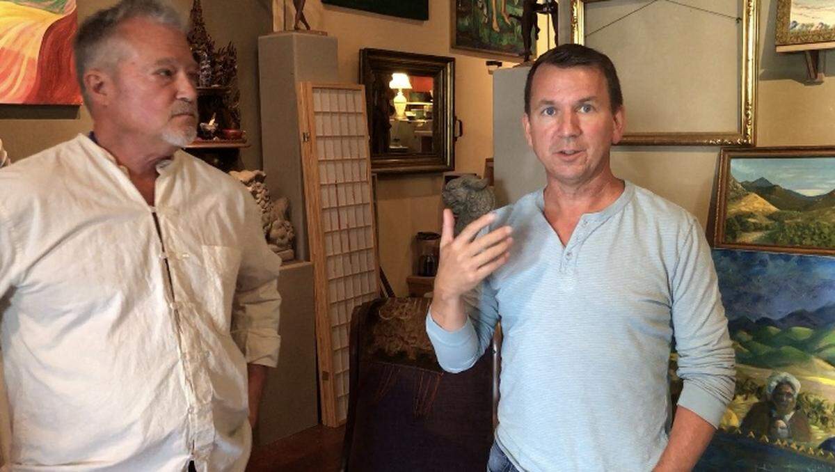 Artist David Van Zandt, left, and and MindBody co-founder Blake Beltram are partnering as Shakti Enterprises to sell the 7-foot sculptures of a naked woman in a yoga pose.