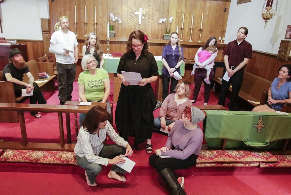 San Luis Obispo Mayor Heidi Harmon, center, and her fellow cast members rehearse for a production of “The Vagina Monologues” at St. Stephen’s Episcopal Church in San Luis Obispo.