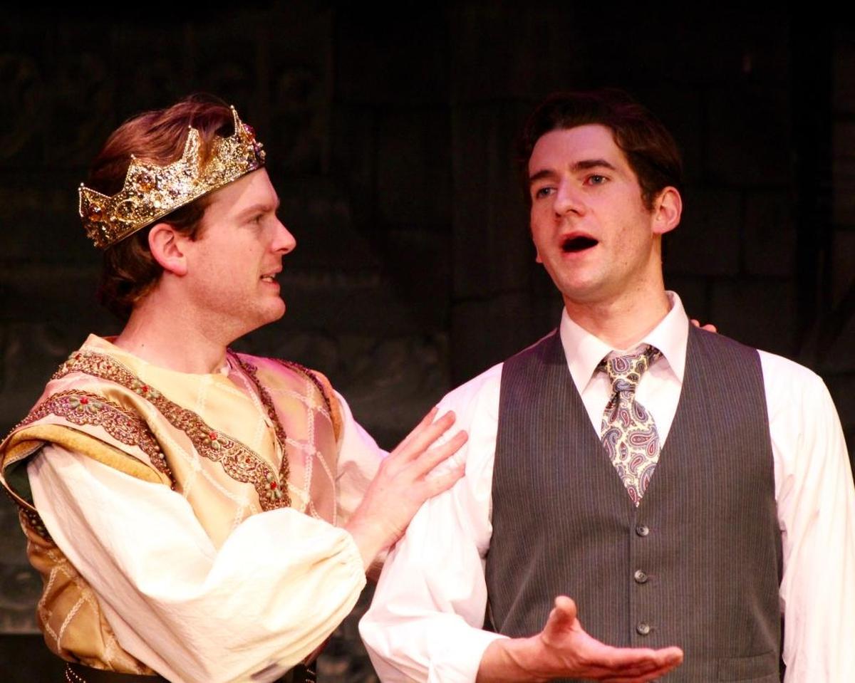 King Arthur (Mike Fiore) counsels Hank Morgan (Jeff Salsbury) in a scene from “A Connecticut Yankee in King Arthur’s Court,” playing at the Great American Melodrama and Vaudeville in Oceano.