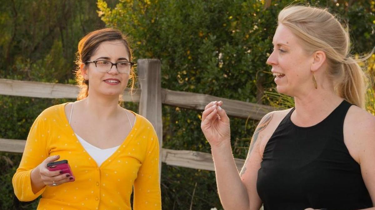 Sabrina Pratt, right, and Mary Jo Pendley perform with the Central Coast Comedy Theater troupe at BarrelHouse Brewing Co. in Paso Robles.