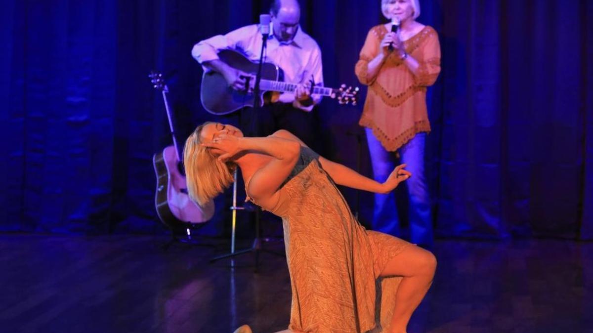 Nellie Salsbury, center, dances, while Mike Miller and Sholley Von Stein during a rehearsal for “Sweet Baby James: A Musical Tribute to James Taylor.” Miller stars as James Taylor in the Central Coast Theater Works production, playing at The Monarch Club in Nipomo.