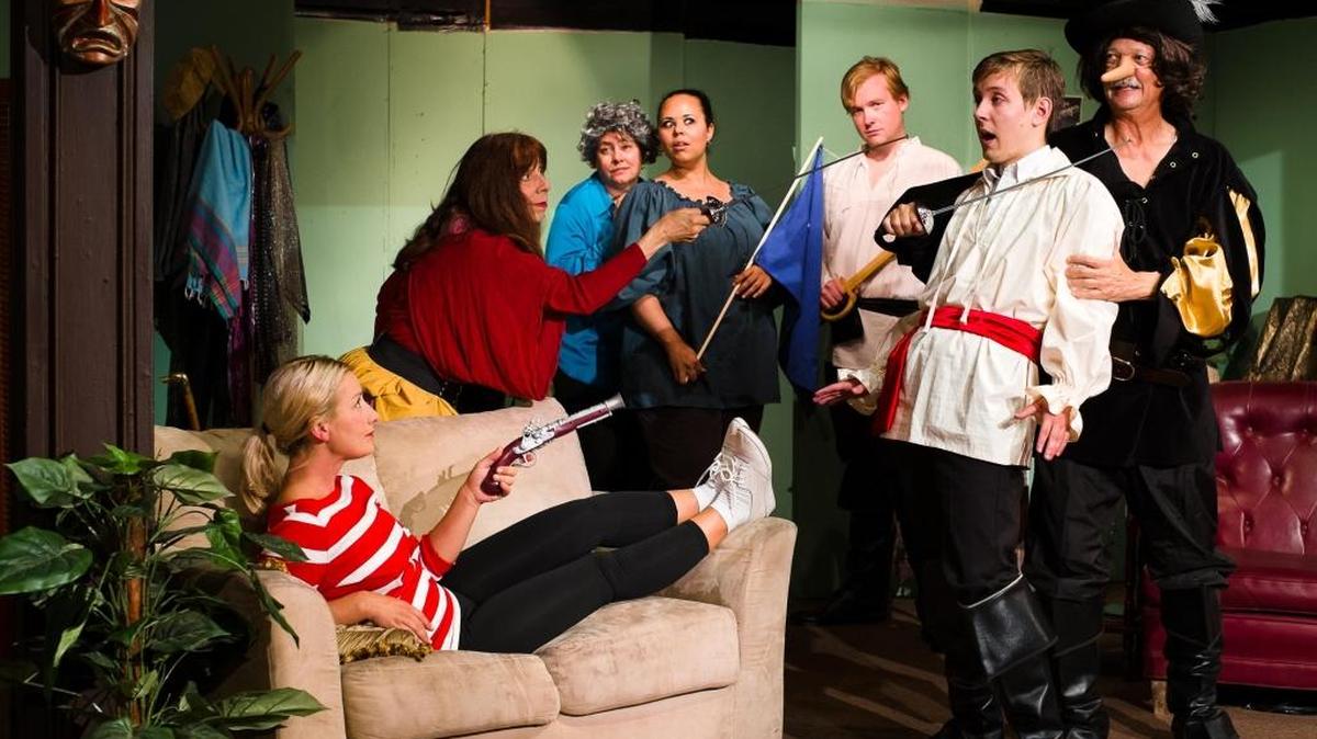 Deirdre Loy, Toni Young, Lisa Pekarek, Nicki Browne, Justin Wessel, Joseph Whittington and Larry Barnes appear in a scene from “Moon Over Buffalo,” playing at Pewter Plough Playhouse in Cambria.