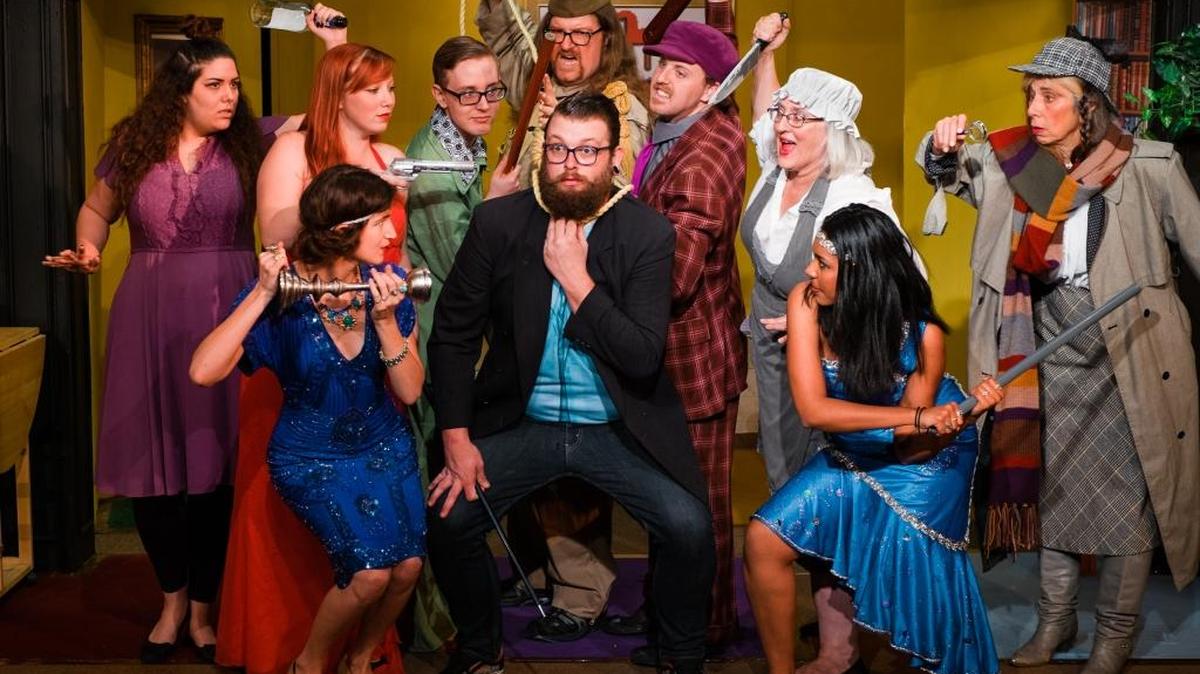 Esmeralda Suffia, Sarah Smith, Joseph Whittington,. Rick Bruce, Jesse Waddell, Debora Schwartz, Toni A. Young, and, in the second row, Cika P. Cook, Travis Horton and Azaria Johnson appear in “Clue: The Musical,” playing at the Pewter Plough Playhouse in Cambria.