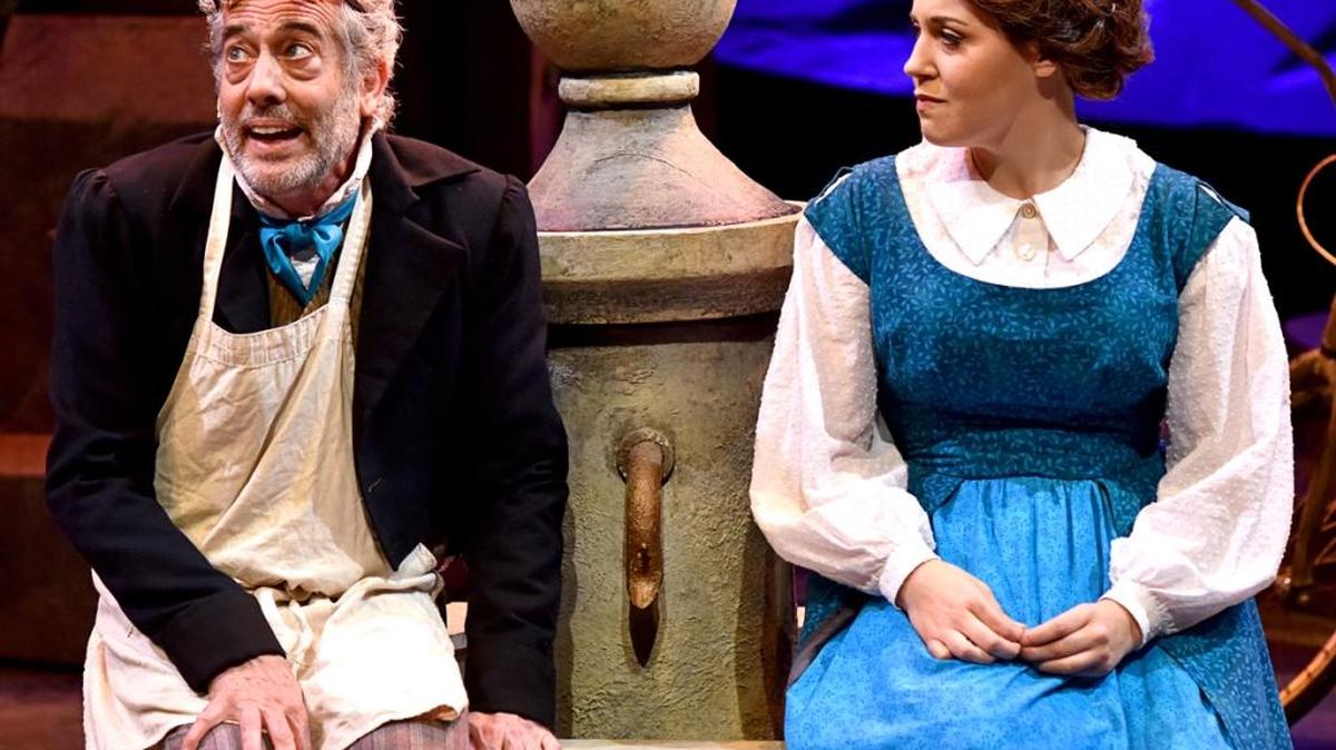 Belle (Annali Fuchs), right, talks to her father, Maurice (Peter S. Hadres), in PCPA-Pacific Conservatory Theatre’s production of “Disney’s Beauty and the Beast.”