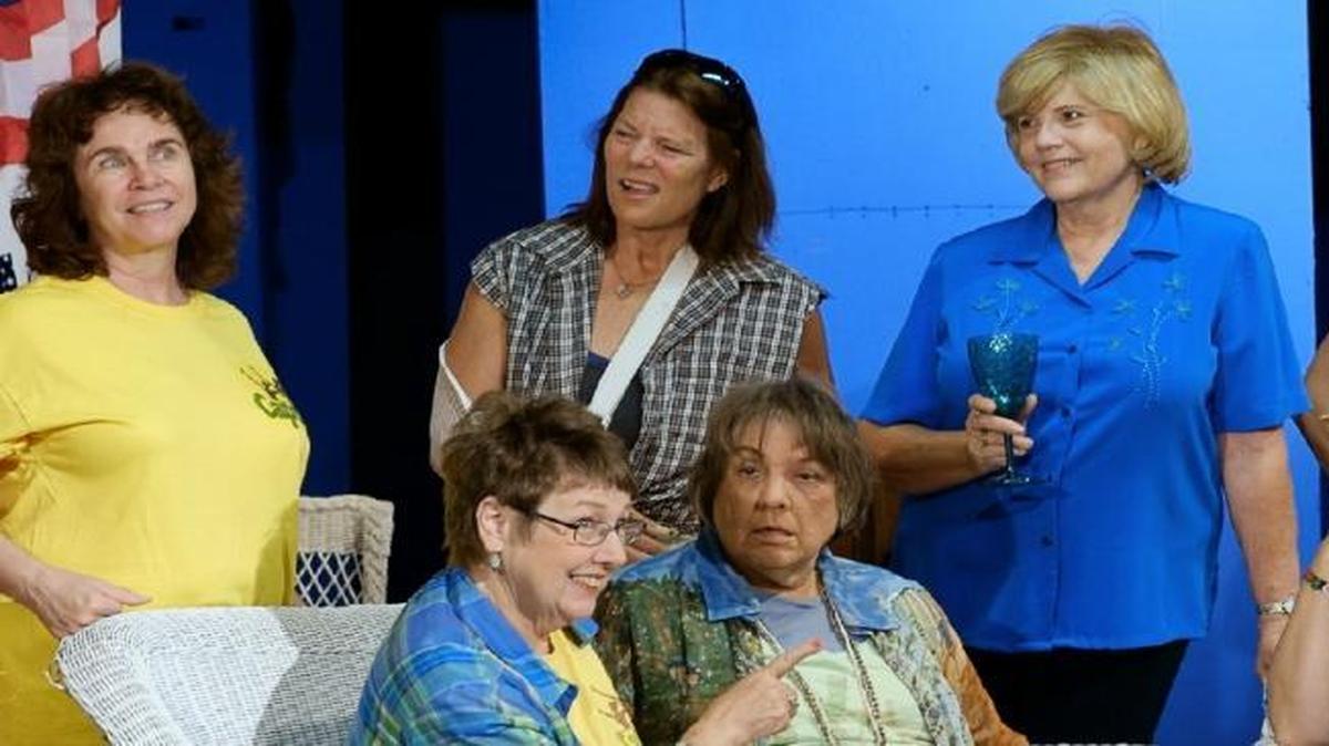 Joyce Calderone, Janine Elich, Janice Peters, T.C. Wits and Samatha Loring (top row) star in the Pewter Plough Playhouse production of “The Dixie Swim Club.” The cast also includes Carol Burkhart, Anita Schwaber and Gai Smith.