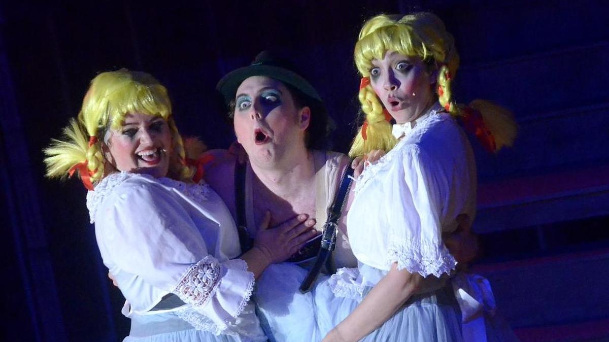 The M.C. (Toby Tropper) sings “Two Ladies” with two Kit Kat Girls (Kerry DiMaggio and Shaley Gunther) in “Cabaret,” playing at the San Luis Obispo Little Theatre.