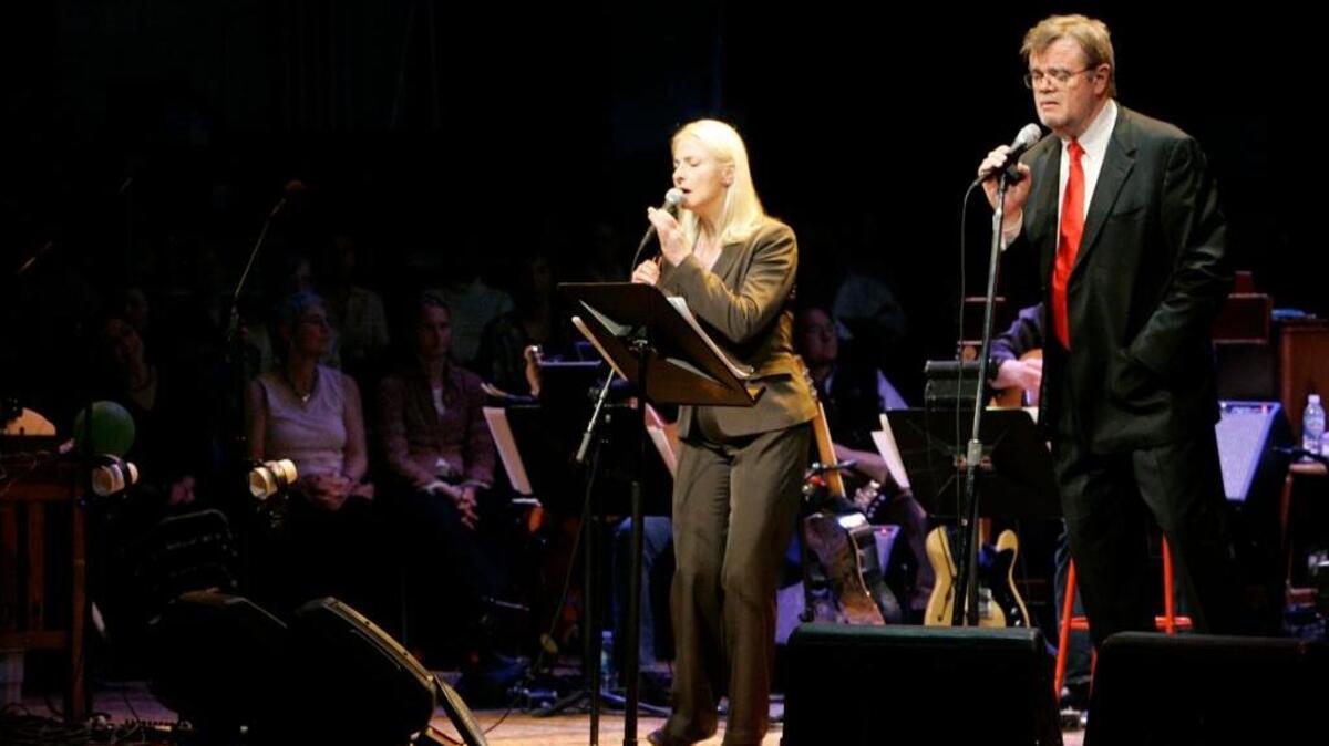 Garrison Keillor, right, and Prudence Johnson rehearse a song during a live audience dress rehearsal for “A Prairie Home Companion” at the Fitzgerald Theater in St. Paul, Minnesota, in 2007. Keillor will perform solo Nov. 19 at the Performing Arts Center in San Luis Obispo.