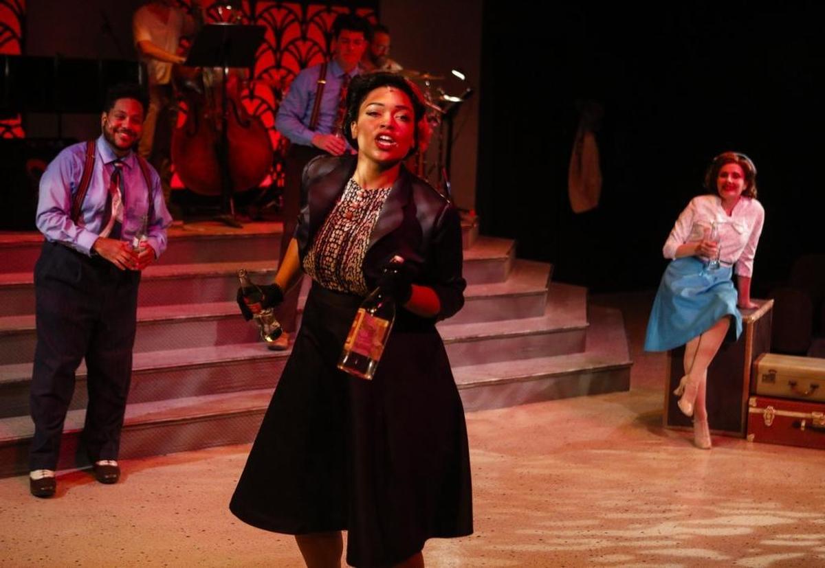 Méami Mazewski, foreground, and, from left, Keenon Hooks, Timothy Stewart and Katie Worley-Beck appear in a scene from “The All Night Strut!”, playing Friday through Sept. 27 at San Luis Obispo Repertory Theatre.