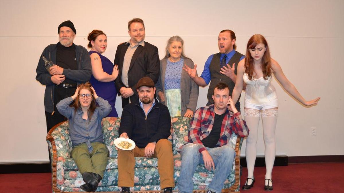 The cast of Wine Country Theatre’s production of “Noises Off” poses for a picture.