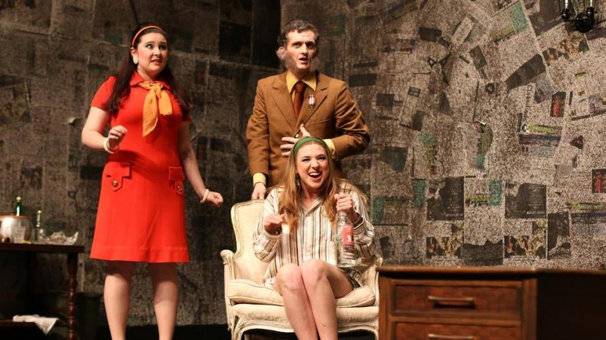 Carol (Sarah Gamblin), Colonel Melkett (Daniel Cook) and Clea (Katryna Fogel) appear in a scene from the Cal Poly Theatre and Dance Department production of “Black Comedy.”