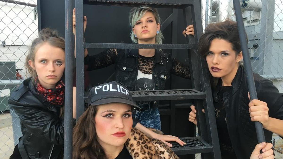 Clockwise from left, Mia (Emily Franklin-Clark), Ange (Skyler Pienack), Steena (Tatiana Farmer) and Luce (Lauren Josephs) are the band The Lucy Cannons in “The Emma Peel Game,” premiering Friday at Cuesta College’s Cultural and Performing Arts Center.