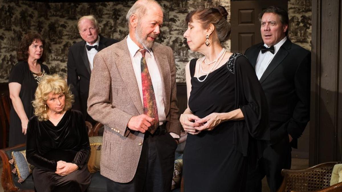 Joyce Calderone, Beth Marshall, George Garrigues, Gene Strohl, Toni Young and Michael Shanley appear in a scene from “The Dinner Party” at the Pewter Plough Playhouse in Cambria.