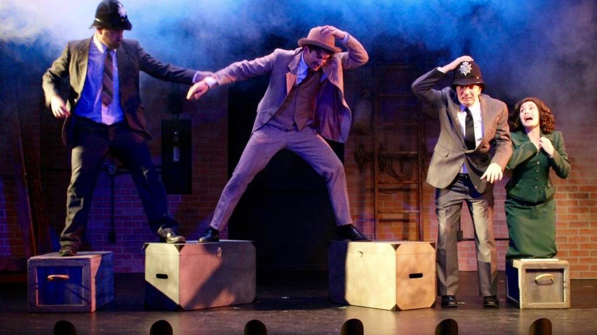 Travis Mitchell, Jeff Salsbury, Billy Breed and Katie Worley star in “The 39 Steps.”