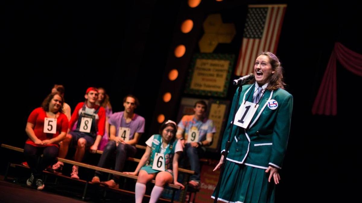 Logainne Schwartzandgrubenierre (played by Tori Waner) competes in Cal Poly Theatre and Dance Department’s production of “The 25th Annual Putnam County Spelling Bee.”