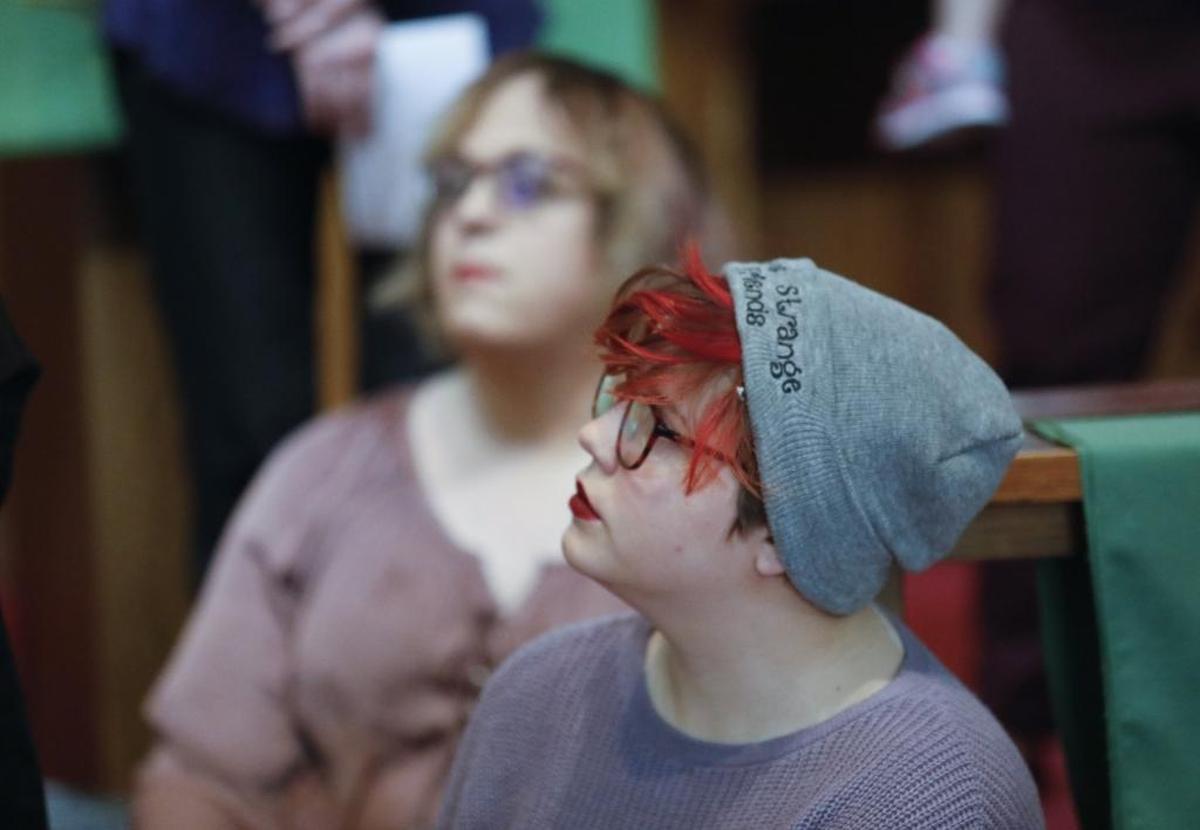 “The Vagina Monologues” cast member Ali Burkhead, 14, listens during a rehearsal at St. Stephen’s Episcopal Church in San Luis Obispo. She is the daughter of director Kelli M. Poward.