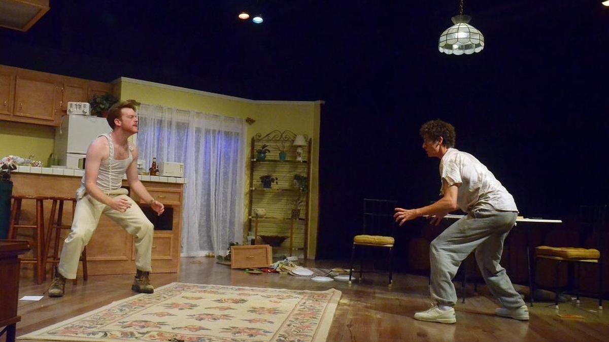 Lee (Mike Fiore) and Austin (Marcus DiMaggio) spar in “True West,” playing at San Luis Obispo Little Theatre.