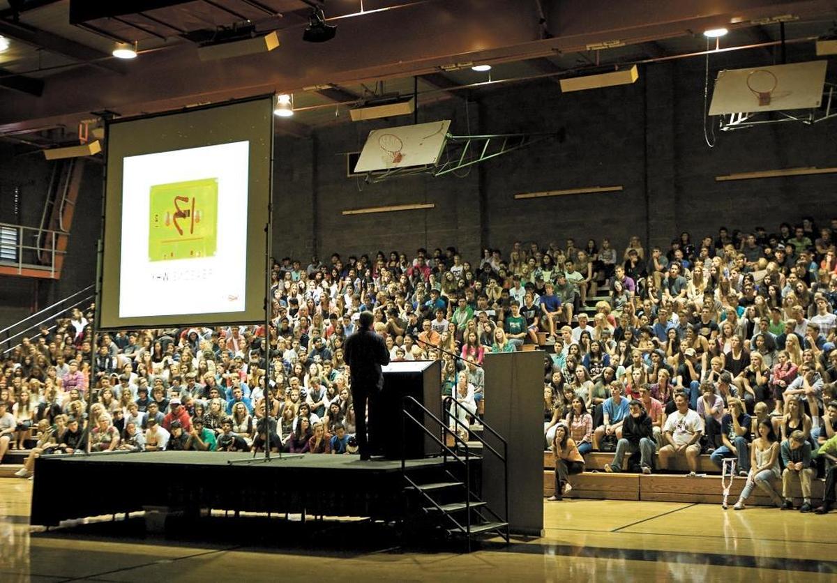 San Luis Obispo author Jay Asher speaks at an assembly at his alma mater, San Luis Obispo High School, as he kicks off his 50 States Against Bullying Tour in 2014. His best-selling book “Thirteen Reasons Why” inspired a hit Netflix series.