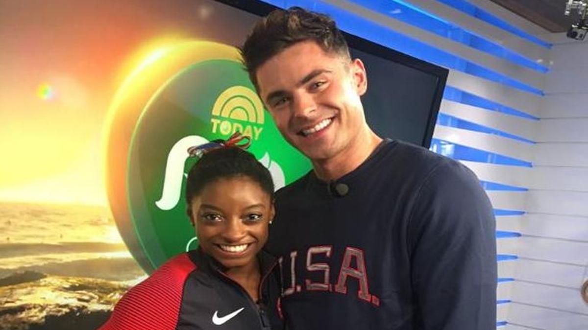 Movie star and Arroyo Grande native Zac Efron poses for a photo with Olympic gold-medal-winning gymnast Simone Biles in Rio de Janeiro.