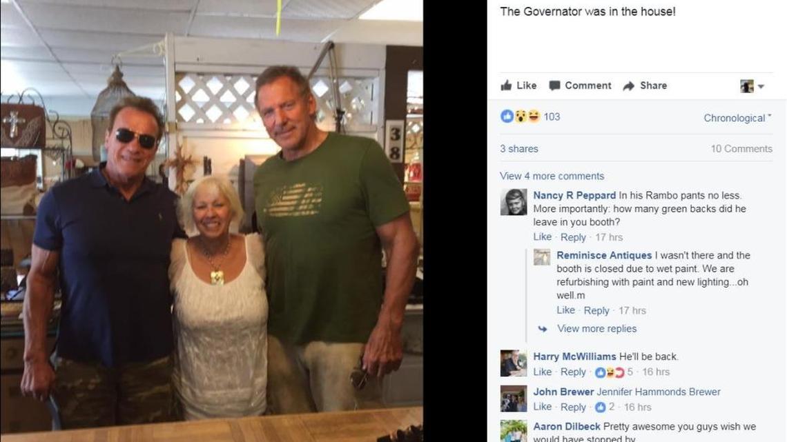 Actor and former California Governor Arnold Schwarzenegger was spotted at Reminisce Antiques in Paso Robles on Wednesday.