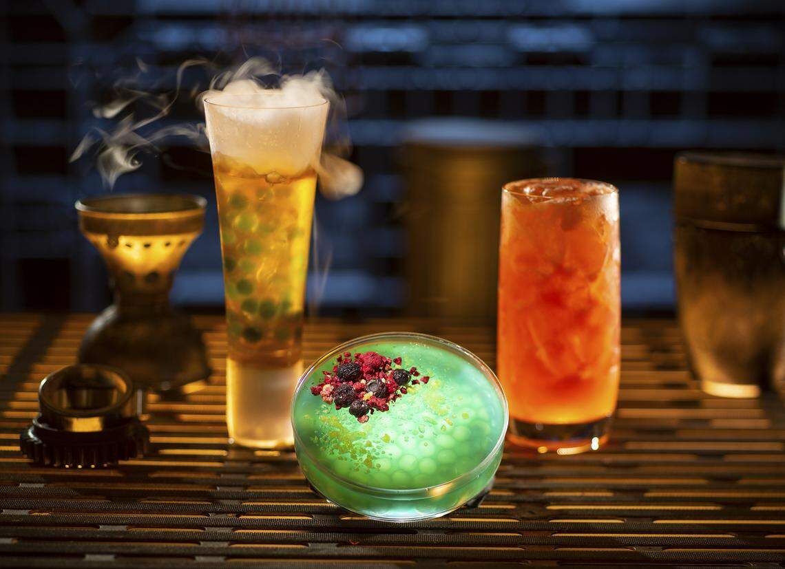 Left to right, non-alcoholic drinks: Carbon Freeze, Oga’s Obsession provision and Cliff Dweller can be found at Oga’s Cantina inside Star Wars: Galaxy’s Edge at Disneyland.