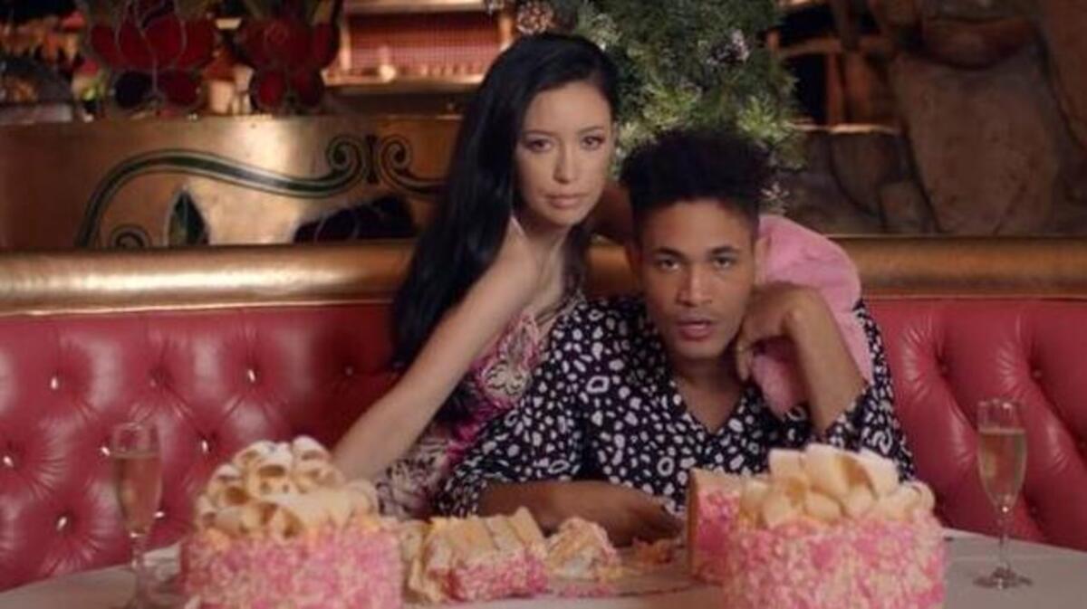 Rapper Bryce Vine and actress Christian Serratos eat cake in the Madonna Inn steakhouse in Vine’s music video “Drew Barrymore.”