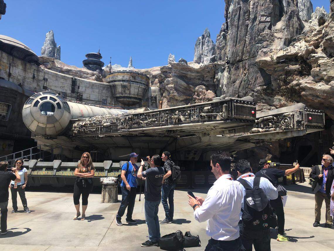 What “Star Wars”-themed land would be complete without the fastest hunk of junk in the galaxy? A full size replica Millenium Falcon is prominently displayed at Disneyland’s Star Wars: Galaxy’s Edge, at the entrance of the Smugglers Run ride. The new “Star Wars”-themed land opens Friday at the Anaheim, California, theme park.