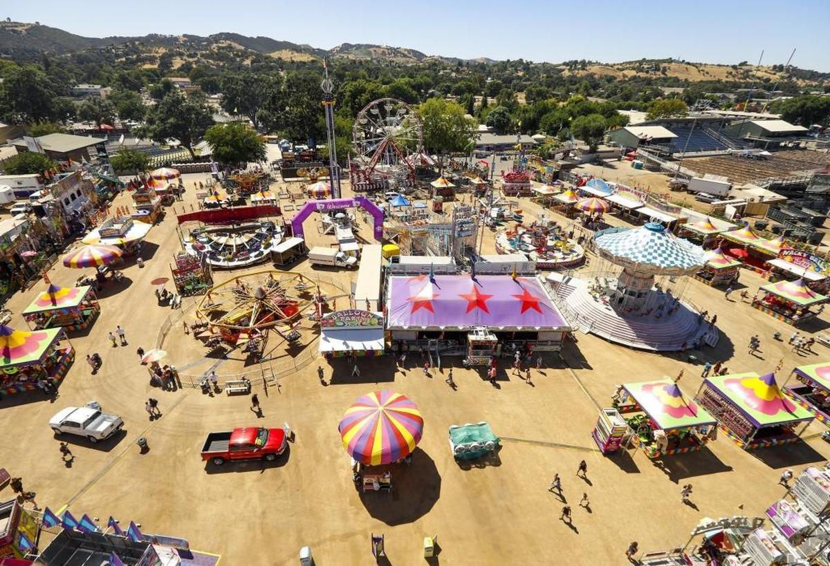 An overview of the carnival area at the California Mid-State Fair.