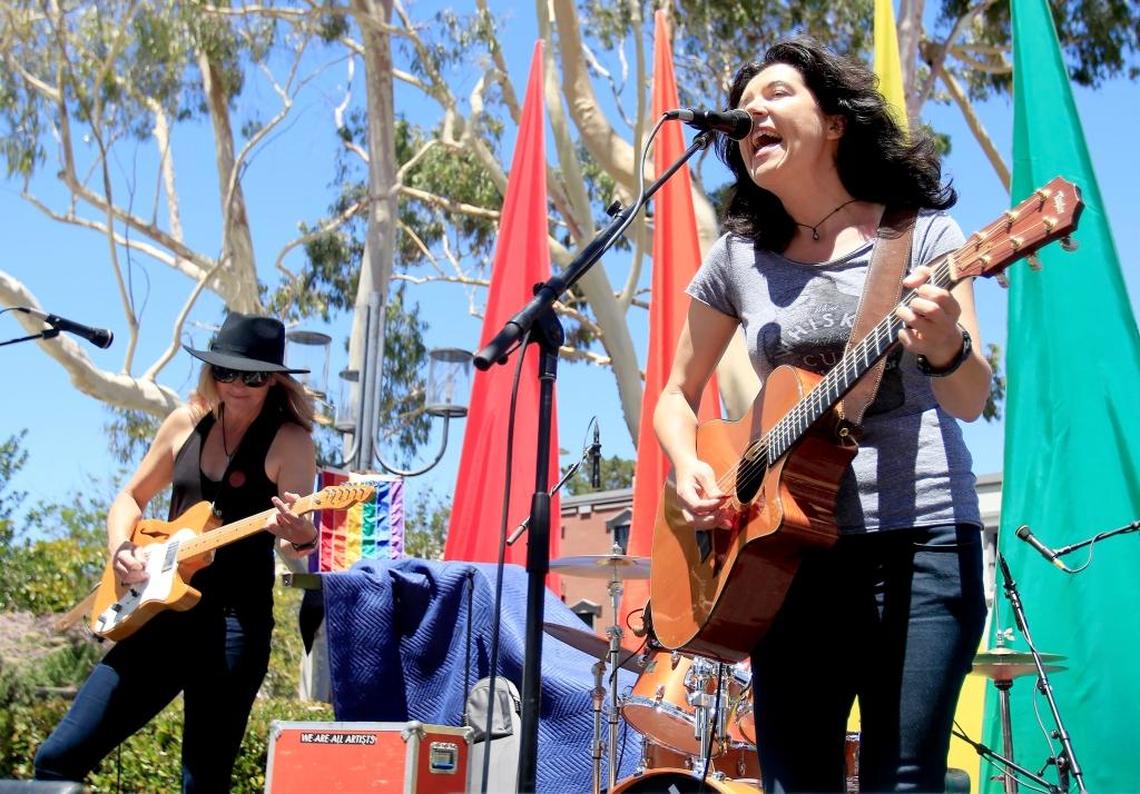 Maia Sharp and Linda Taylor perform at Pride in the Plaza in 2016. The event returns to downtown San Luis Obispo in July 2018.
