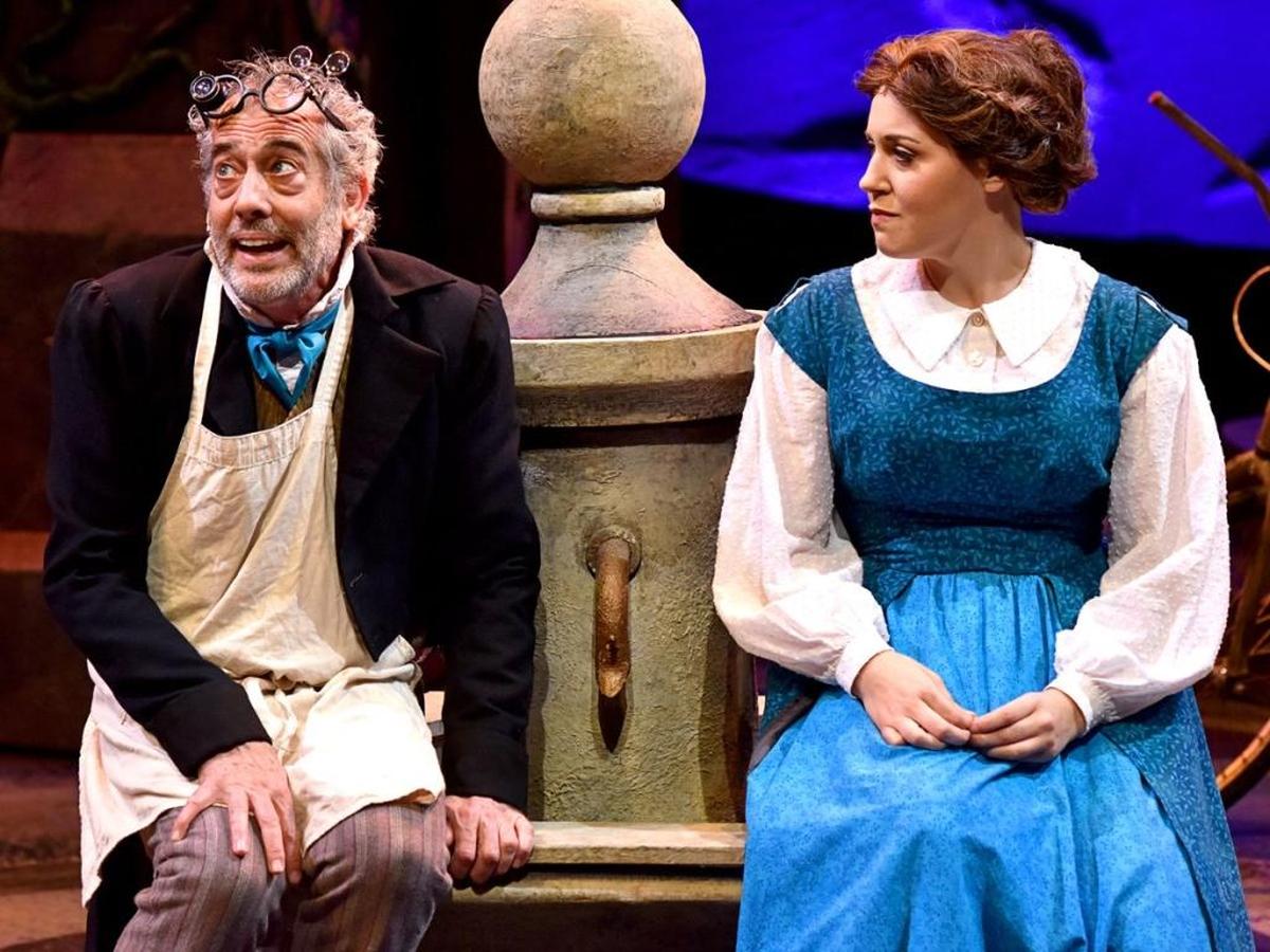 Belle (Annali Fuchs), right, talks to her father, Maurice (Peter S. Hadres), in PCPA-Pacific Conservatory Theatre’s production of “Disney’s Beauty and the Beast,” playing at the Solvang Festival Theater.