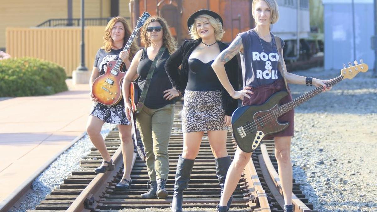 Local rock band Hot Tina — from left, Shea Kelly, Rose Hall, Savannah Creech and Alexandra Wenzl — will perform Aug. 6 at the San Luis Obispo Grange as part of SLO Ladyfest.