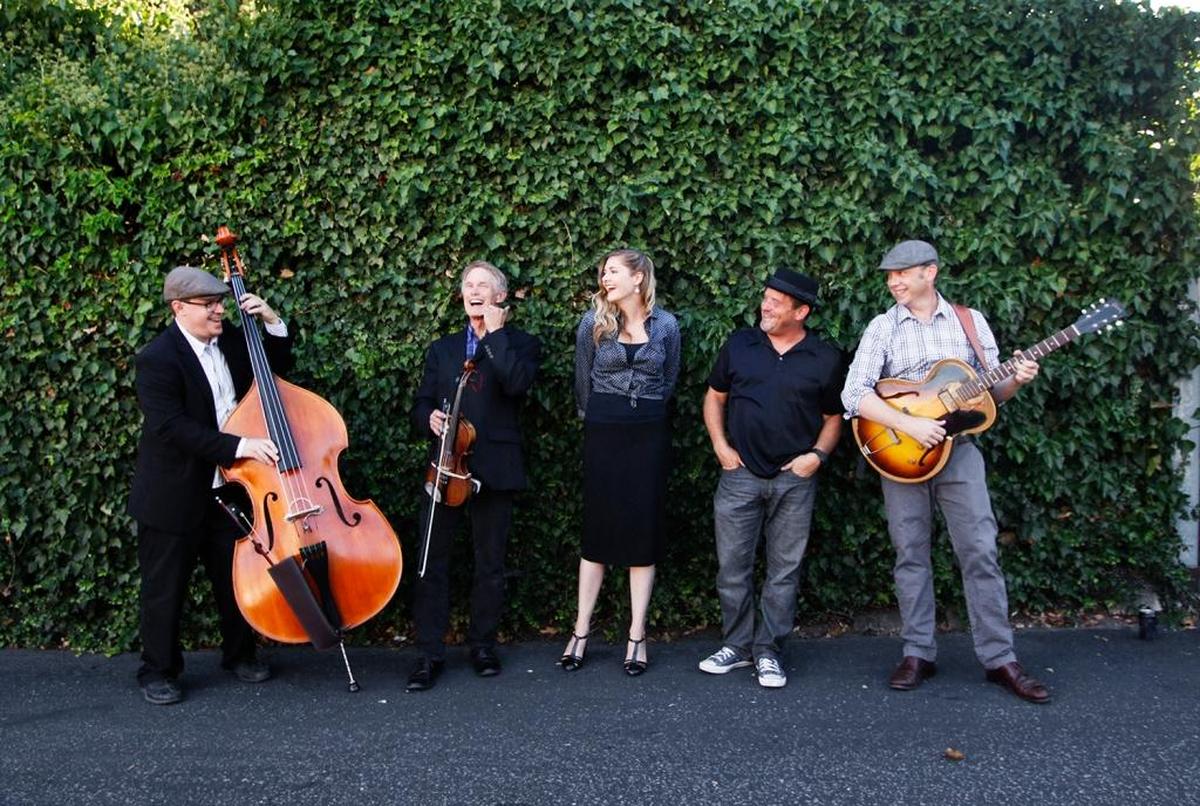 The Tipsy Gypsies — Brian Lanzone, left, Allan Dick, Hilary Langdon, Daryl Vandruff and Forrestt Williams — perform April 27, 2018, at The Siren in Morro Bay.