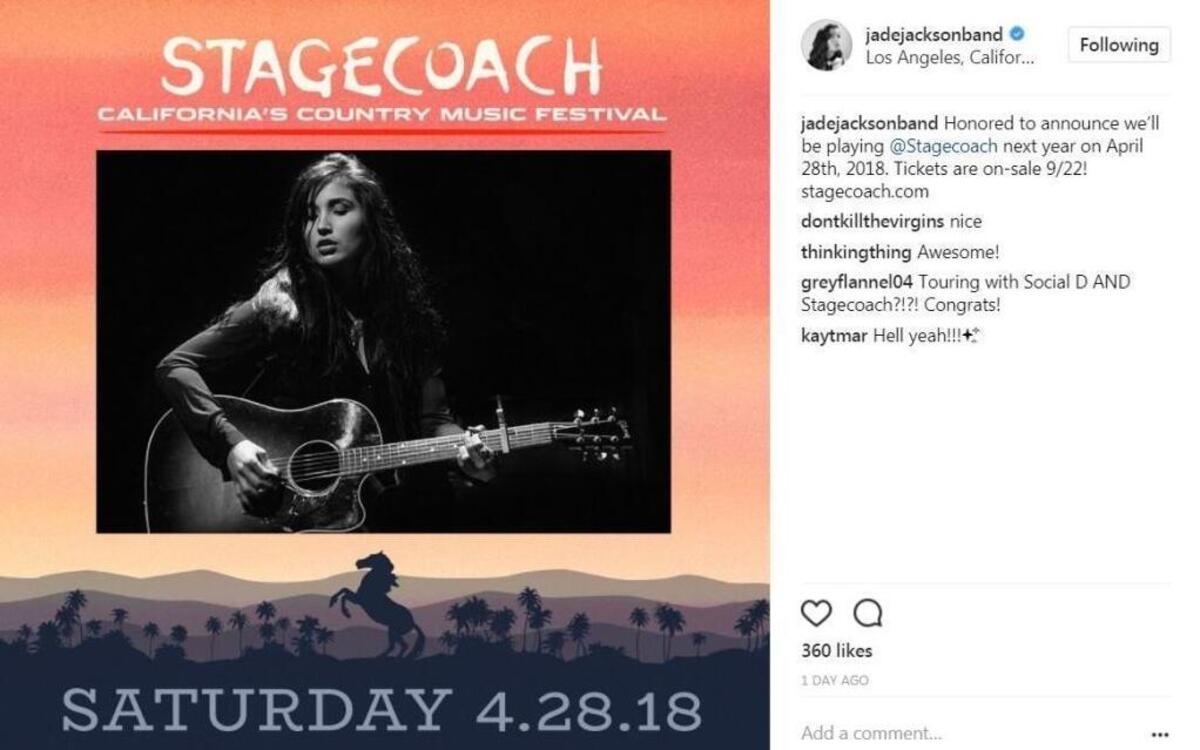 Jade Jackson announced on Instagram that she’ll be playing the Stagecoach Festival in Indio next year.