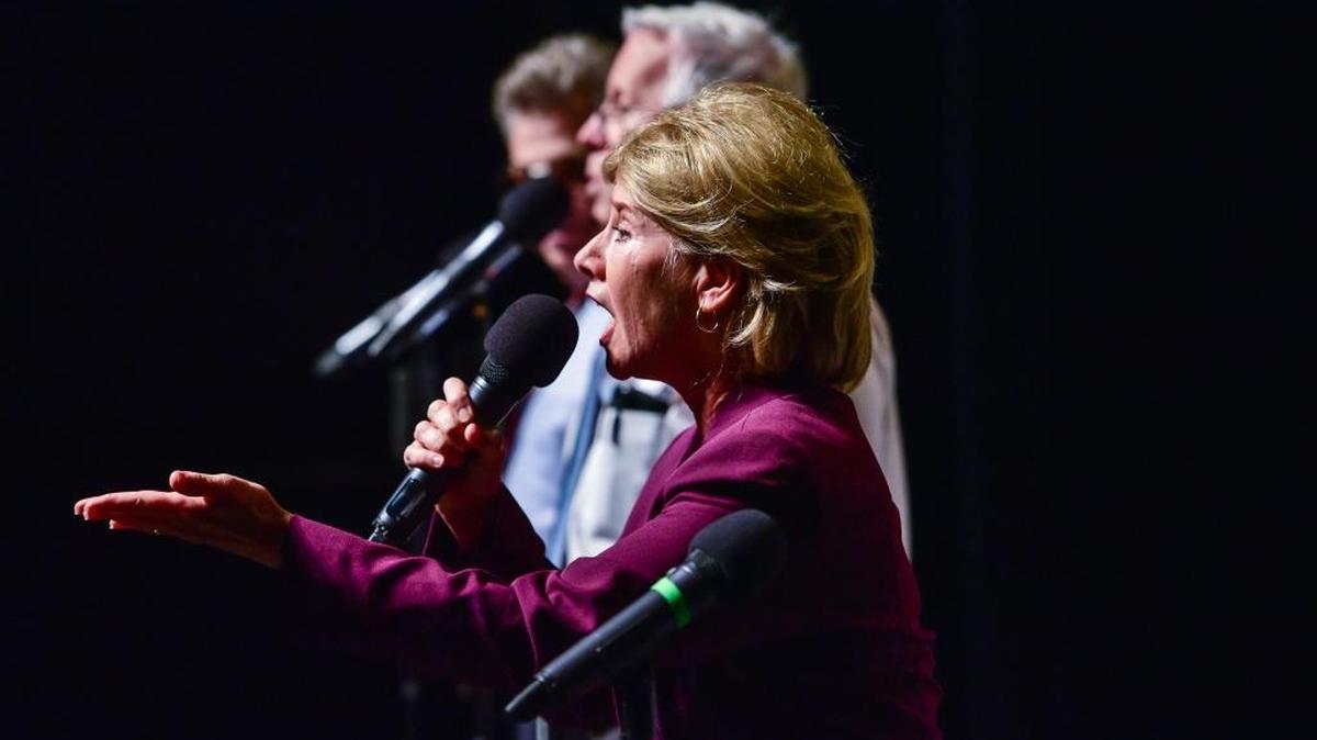 Janet Gordon channels Hillary Clinton in “Deleter of the Facts,” part of The Capitol Steps’ latest show, “What to Expect When You’re Electing.” The musical comedy group performs Monday at the Performing Arts Center in San Luis Obispo.