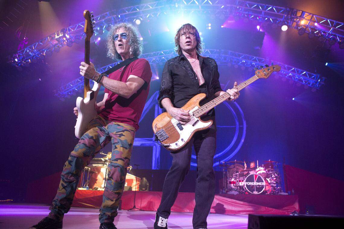 Bruce Watson, left, and Jeff Pilson of the band Foreigner perform in concert during their 40th Anniversary Tour in Camden, New Jersey, in 2017. Foreigner will perform at Vina Robles Amphitheatre in Paso Robles on June 9, 2019.