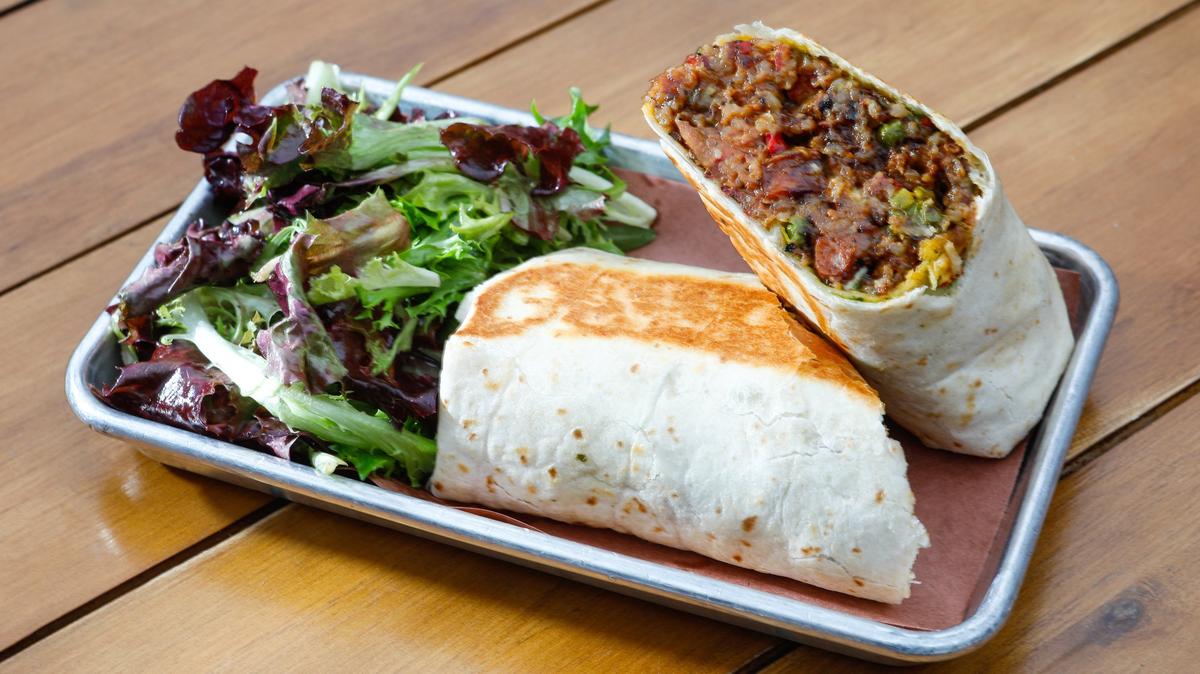 A paella burrito is among the Sunday specials at Jeffry’s Wine Country BBQ in Paso Robles.