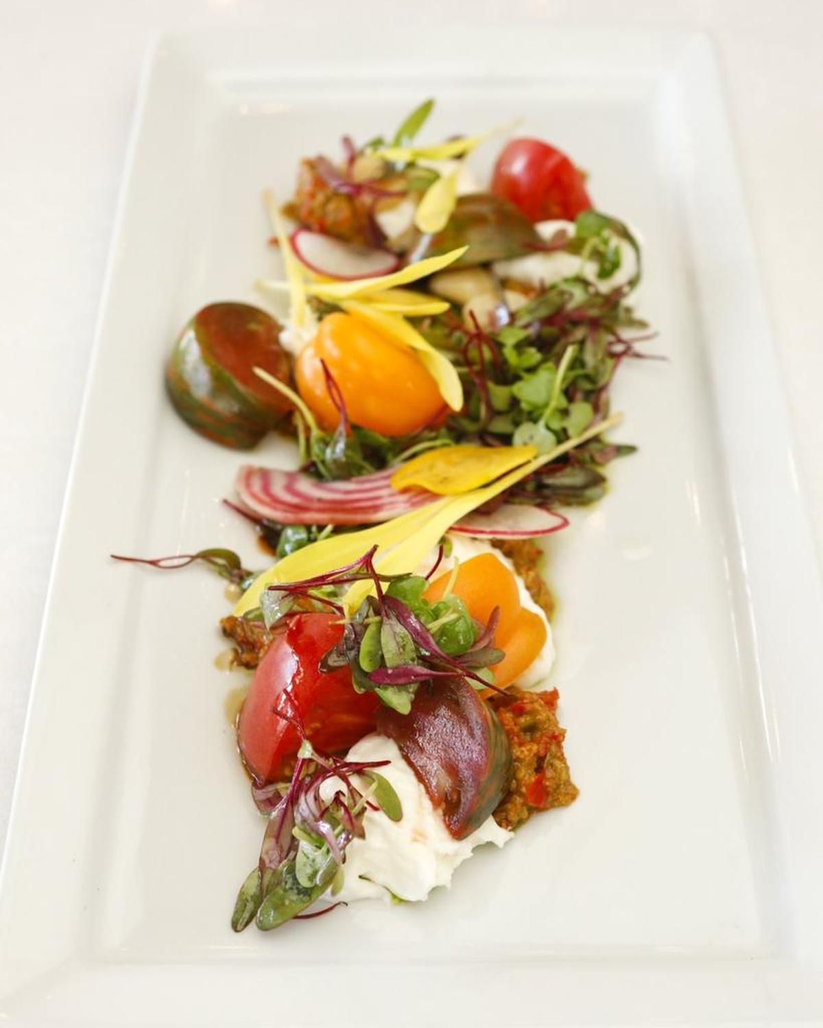Thomas Hill Organics in San Luis Obispo serves up burrata with summer heirloom tomatoes.