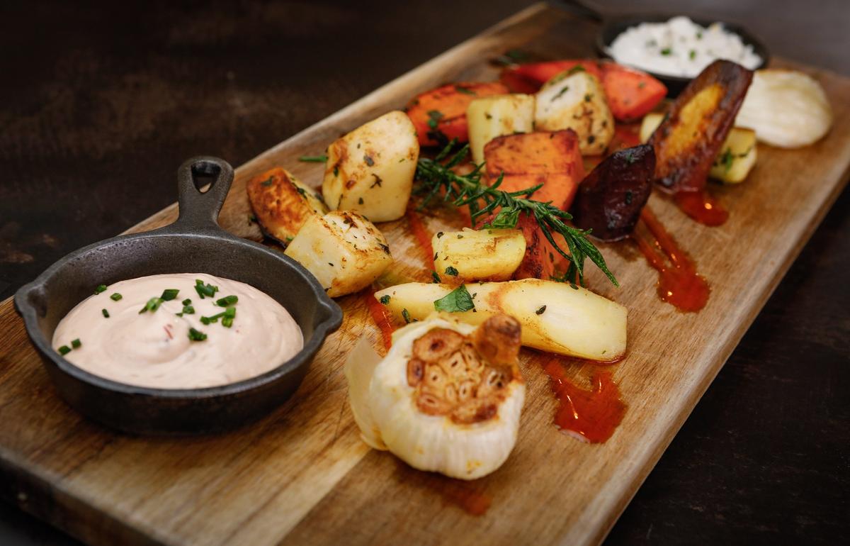 Roasted root vegetables with grilled seasonal root vegetables, chipotle aioli and artichoke dip from La Bodega Tapas, a new Pismo Beach restaurant specializing in Spanish-style tapas. Photo by Joe Johnston 02-01-19