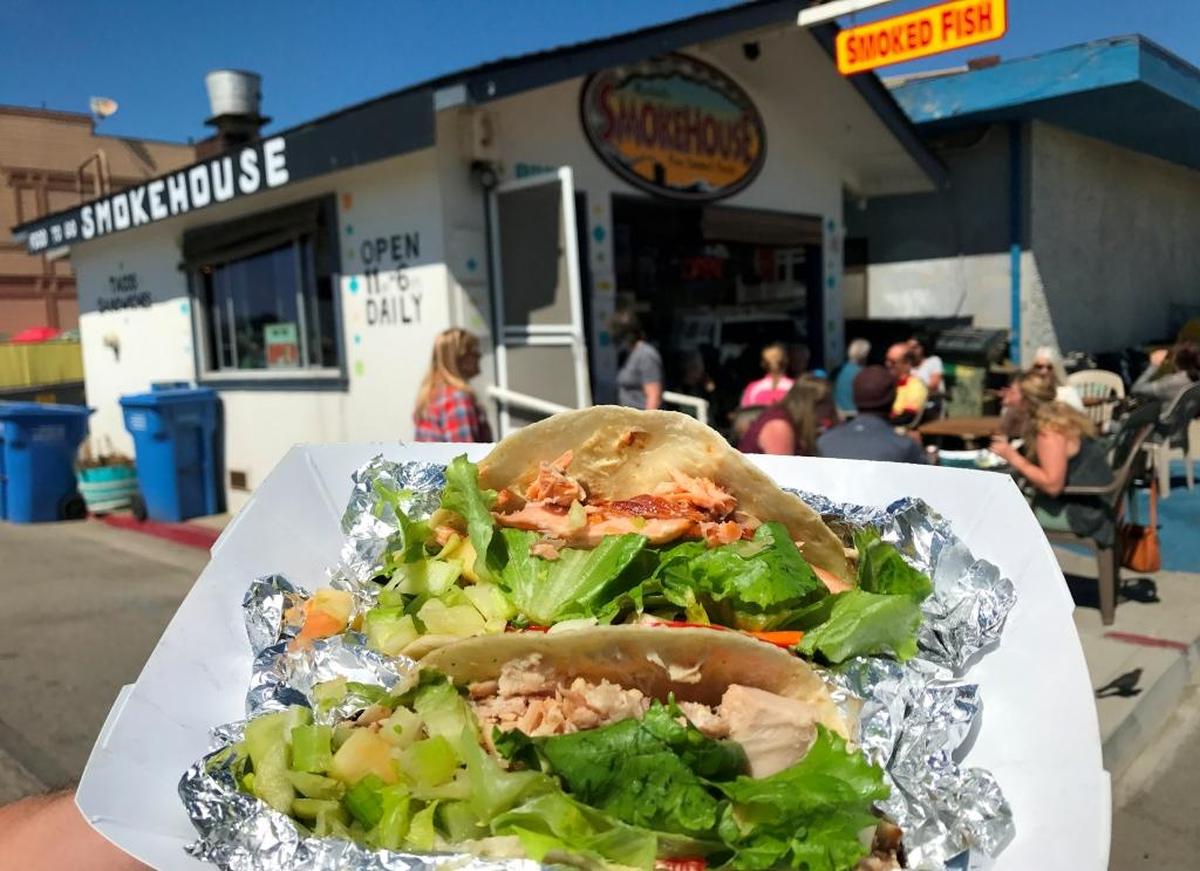 Pink salmon tacos are among the offerings at Ruddell’s Smokehouse in Cayucos.