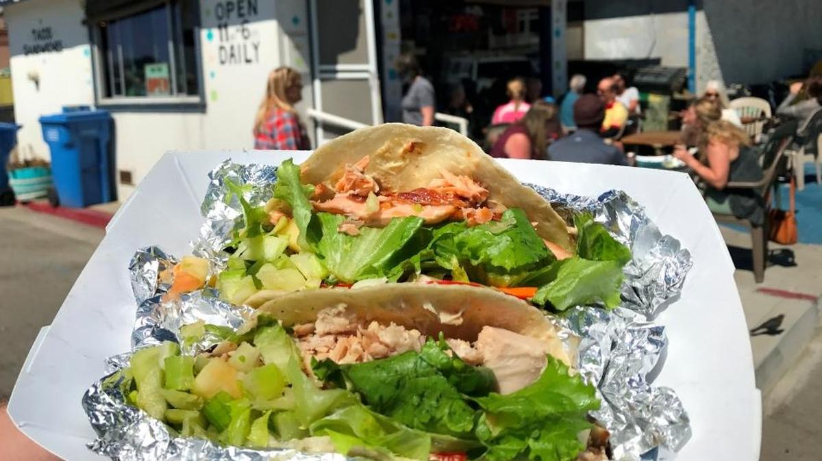 Pink salmon tacos are among the offerings at Ruddell’s Smokehouse in Cayucos.