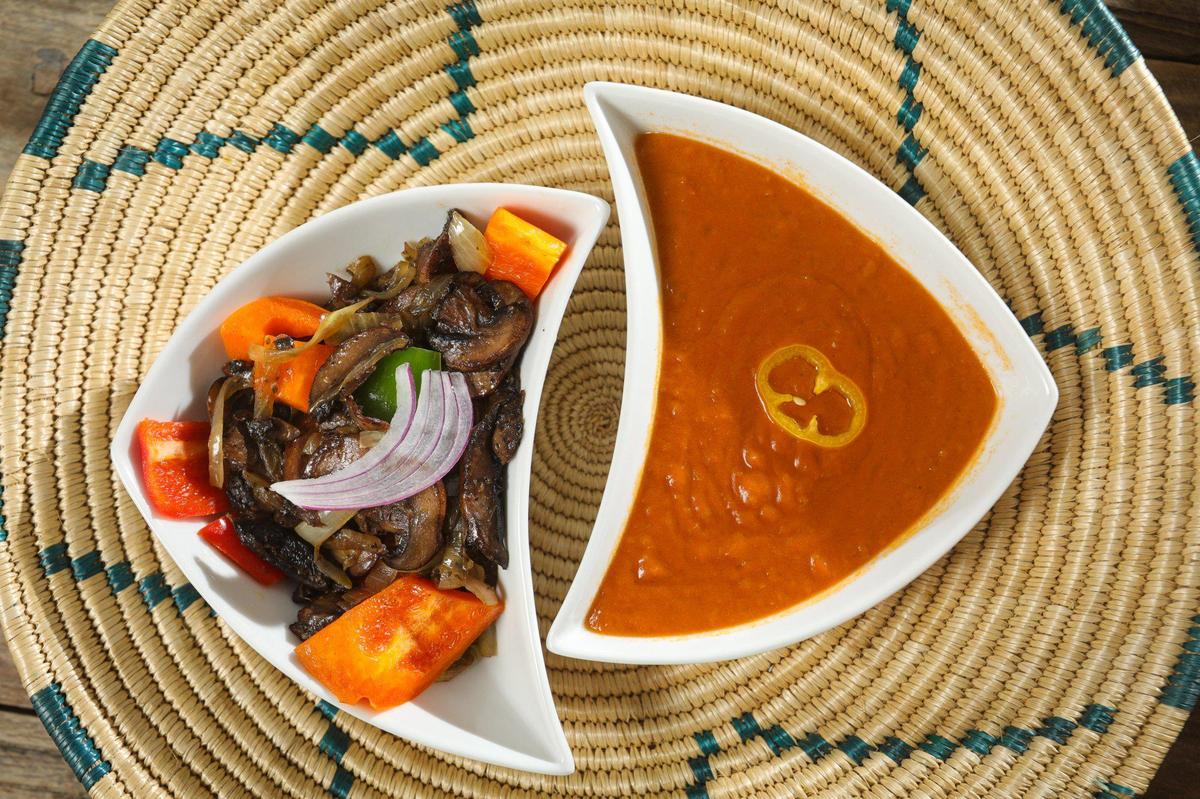 Enguday Tibs (mushrooms and peppers) and Shiro Wot (chickpeas with spices and herbs) are part of the vegan menu at Ebony, a new Ethiopian restaurant in San Luis Obispo.