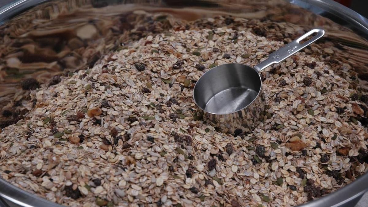 A batch of Walnut Currant, one of the newer flavors offered by Sean’s Organic Muesli Munch, awaits packaging.